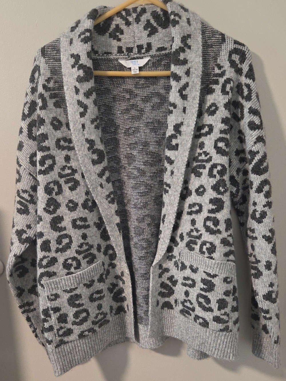 Time and Tru Gray Leopard Print Open-Front Cardigan